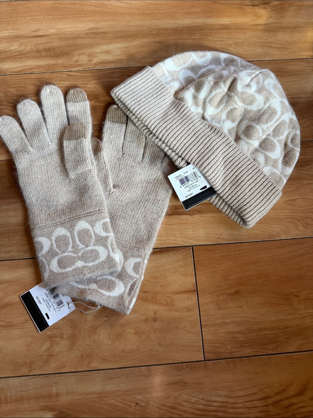 Coach Beige Patterned Knit Hat and Gloves Set
